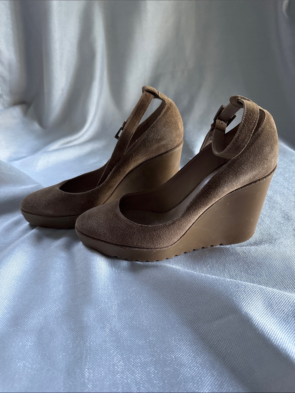 Chloe Brown Suede Ankle-Strap Wedge Pumps